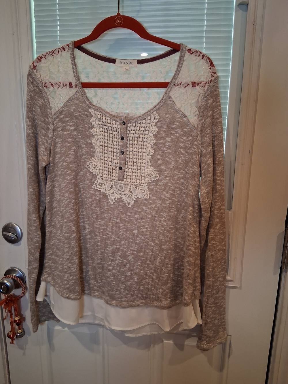 sku119 Taylor & Sage Taupe Mixed-Media Lace-Trim Pullover Top - Taupe Size Xl